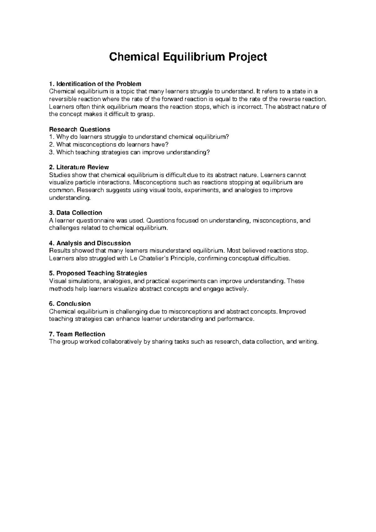 Chemical Equilibrium Project: Understanding Misconceptions and ...
