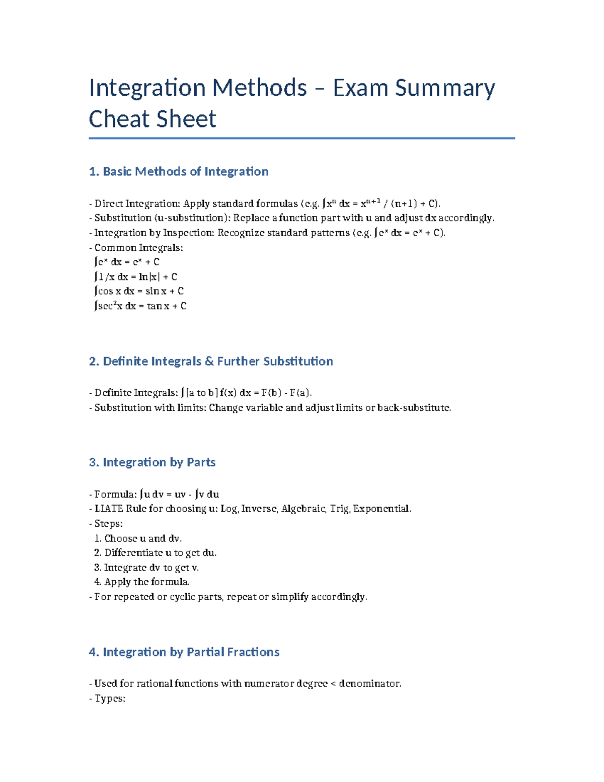 Integration Methods Exam Summary Cheat Sheet (MATH 101) - Studocu