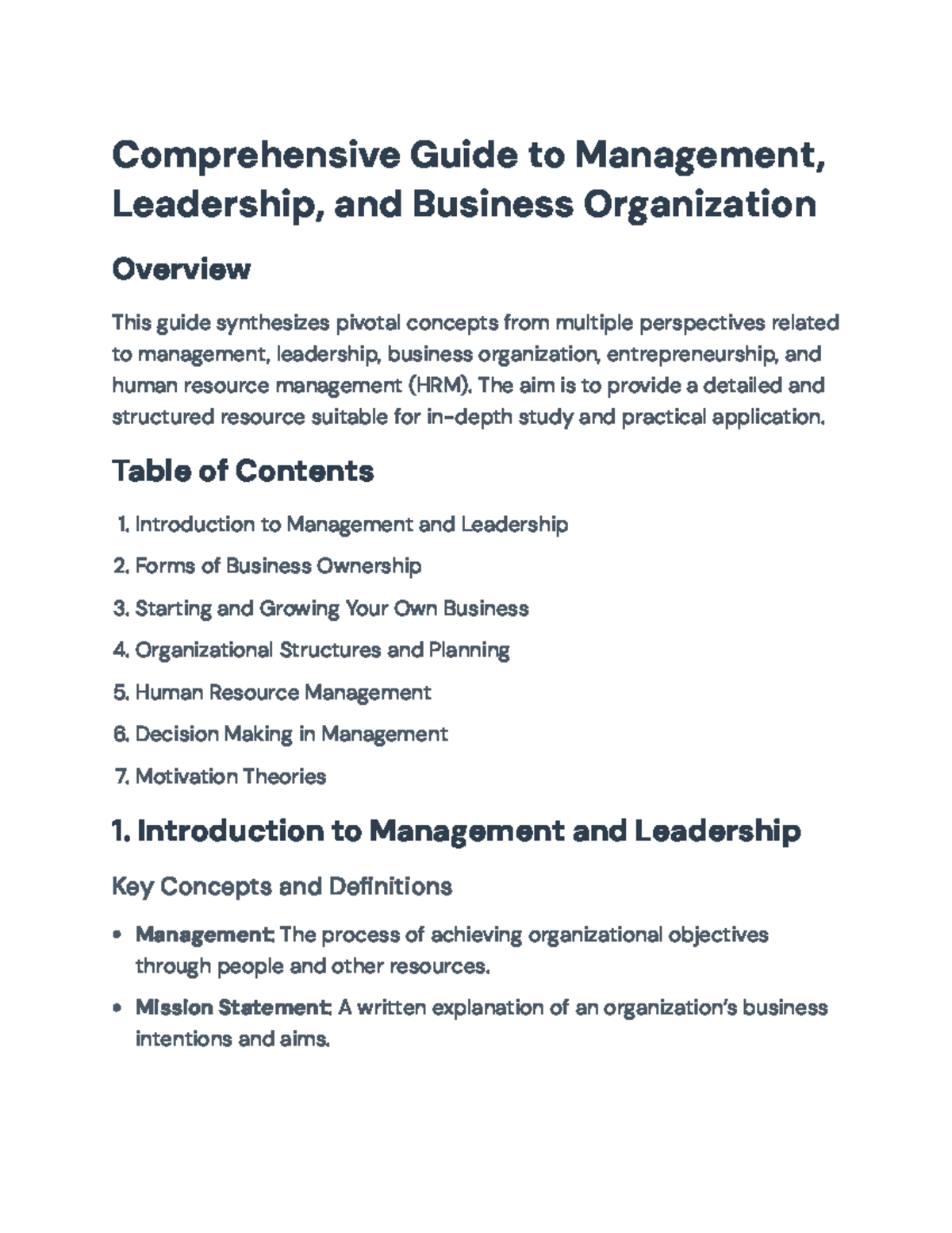 Comprehensive Guide to Management and Leadership (Course Code: MBA101 ...