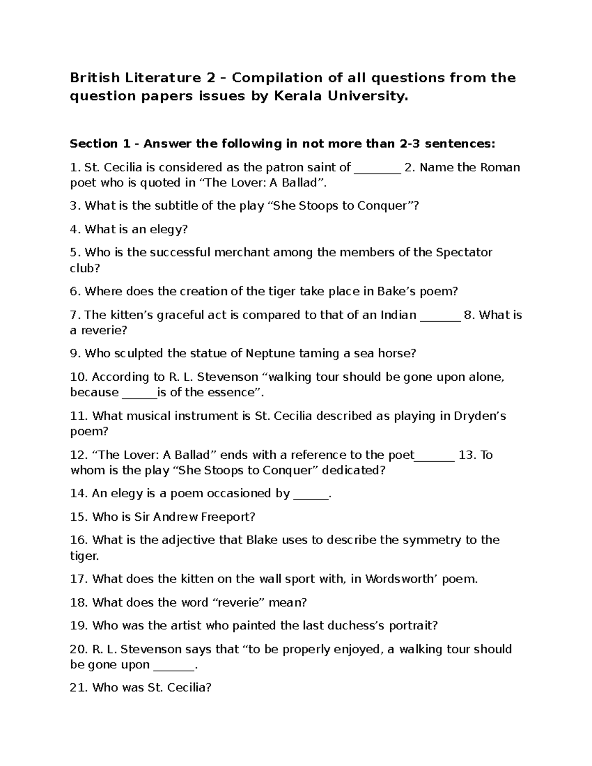 BL 2: Compilation of Questions from British Literature Exams - Studocu