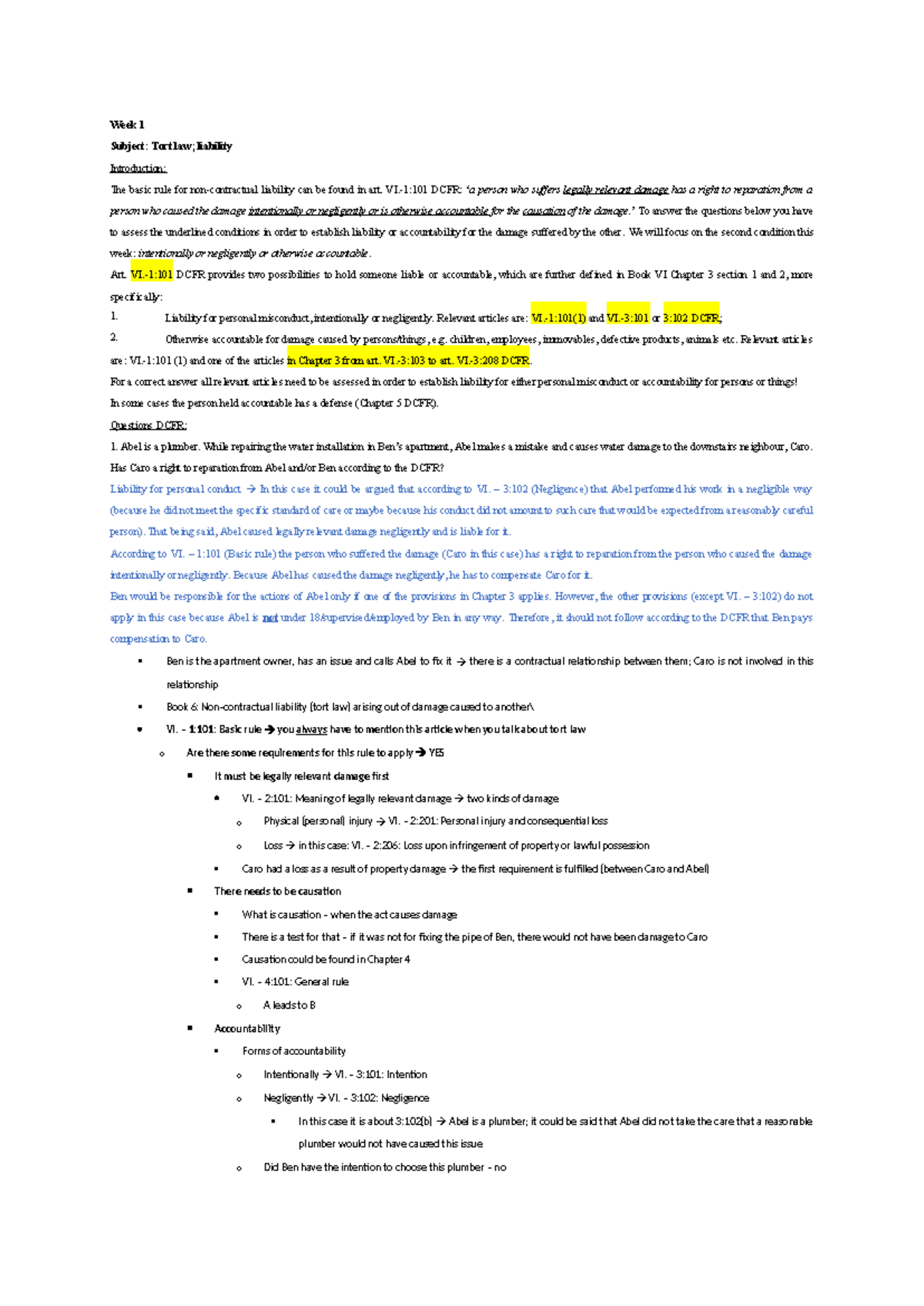 Contract and Tort Law Seminar Notes (Week 1) DCFR Analysis - Studeersnel