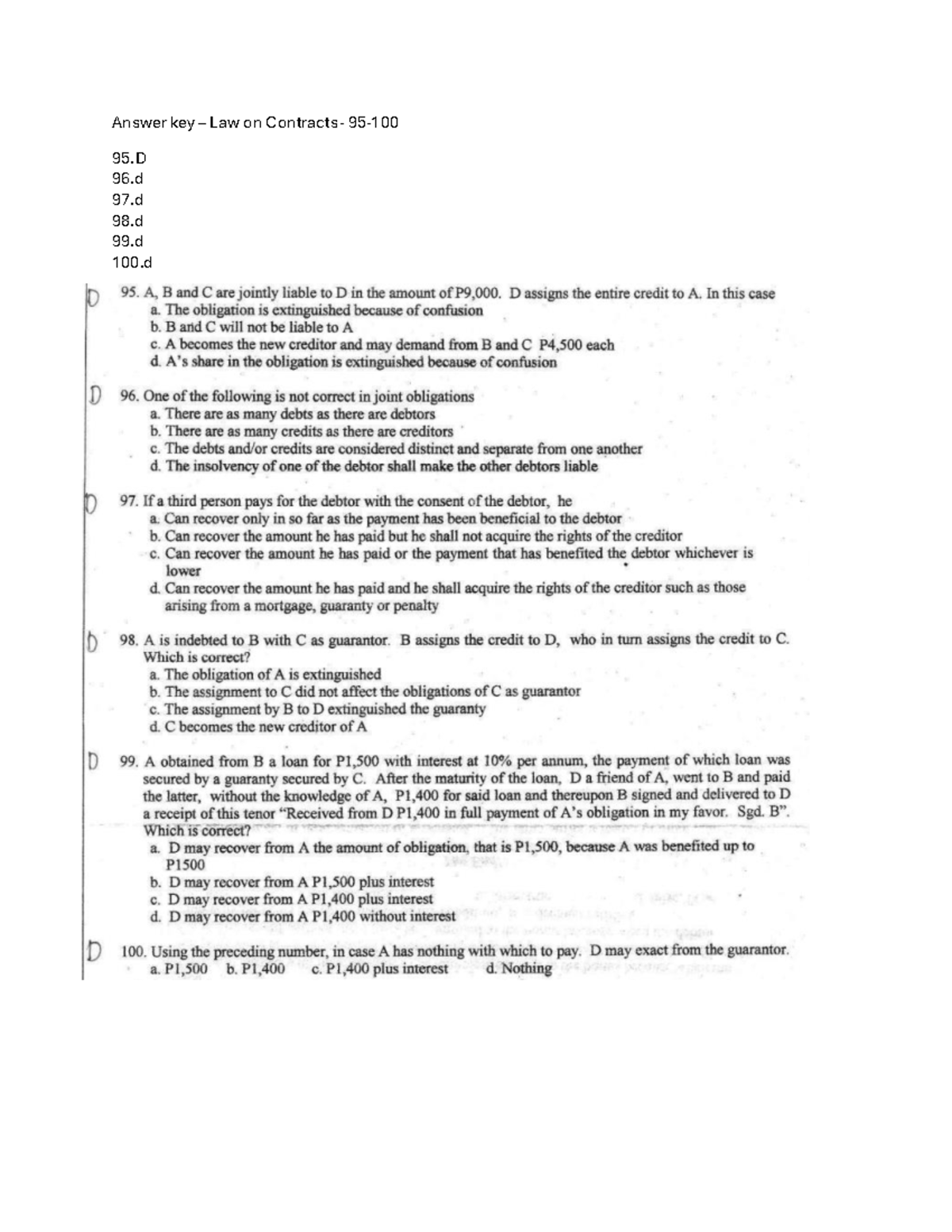 Answer Key: Law on Contracts (Quiz - Answers 95-100) - Studocu