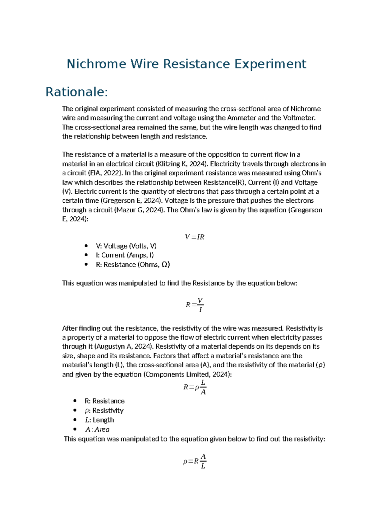 Physics 101: Nichrome Wire Resistance Experiment Report - Studocu