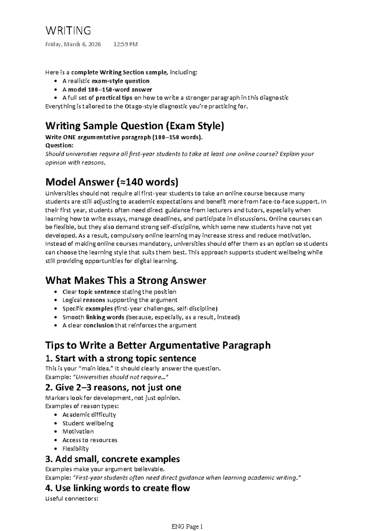 ENG Writing Section: Argumentative Paragraph Sample & Tips - Studocu
