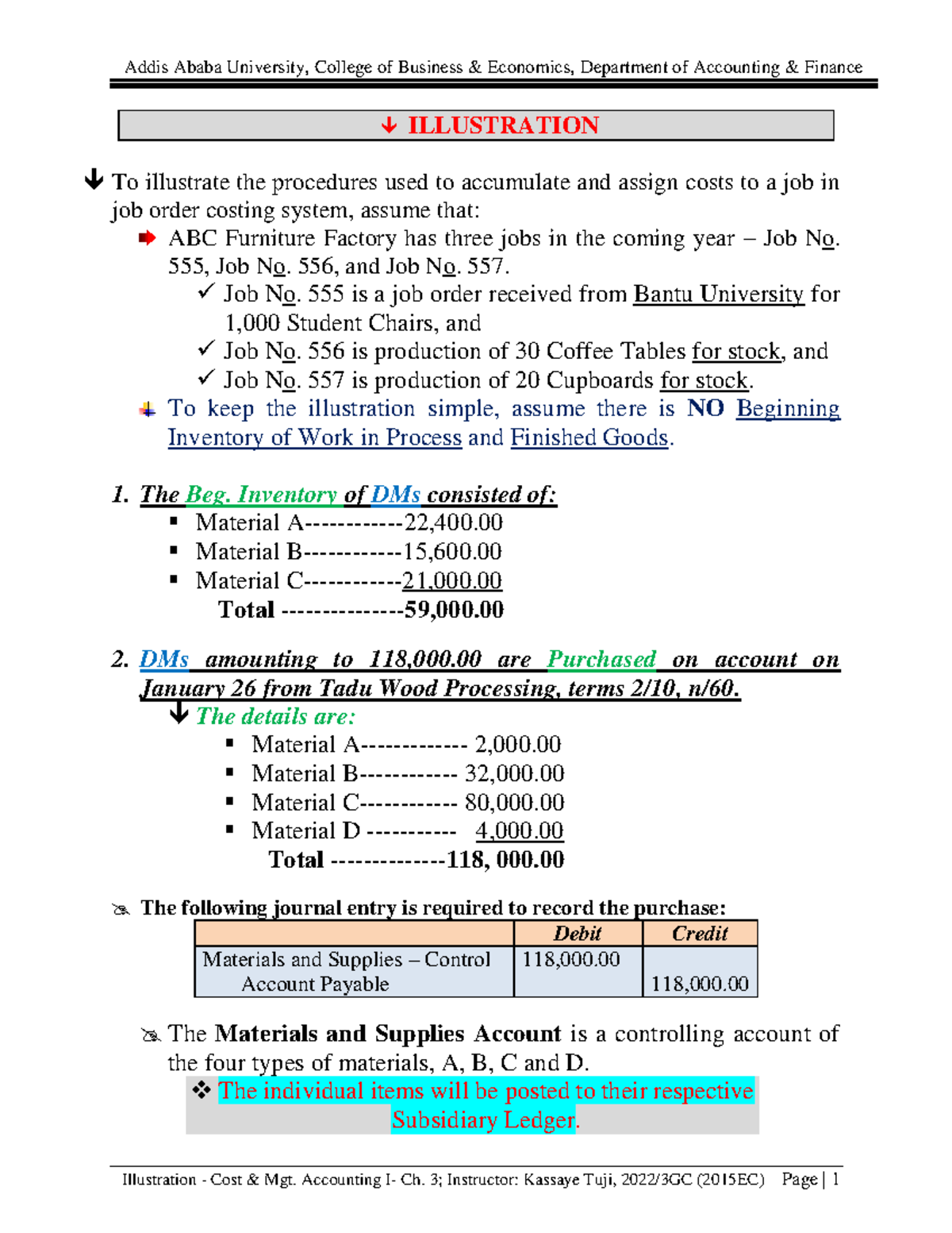 Chapter 3 - Job Order Costing Illustration for ABC Furniture Factory ...