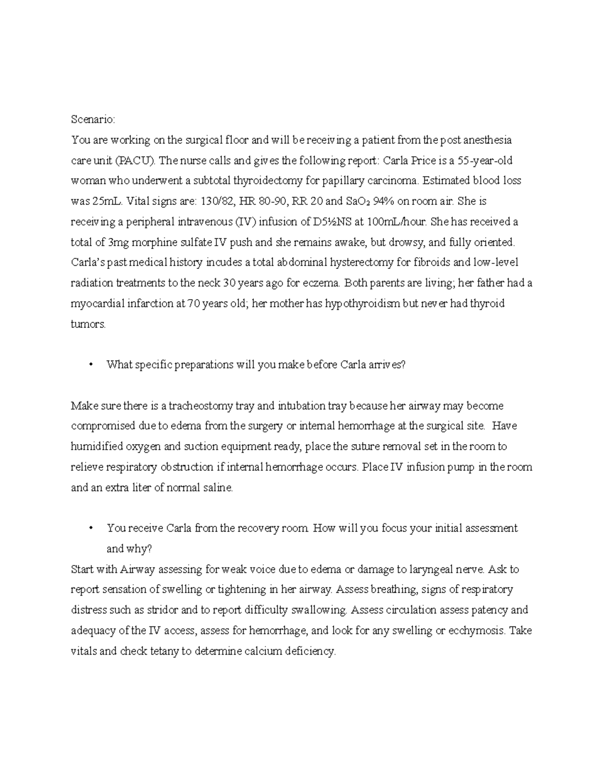 Case Study: Postoperative Care for Thyroidectomy Patient (Clinical NUR ...