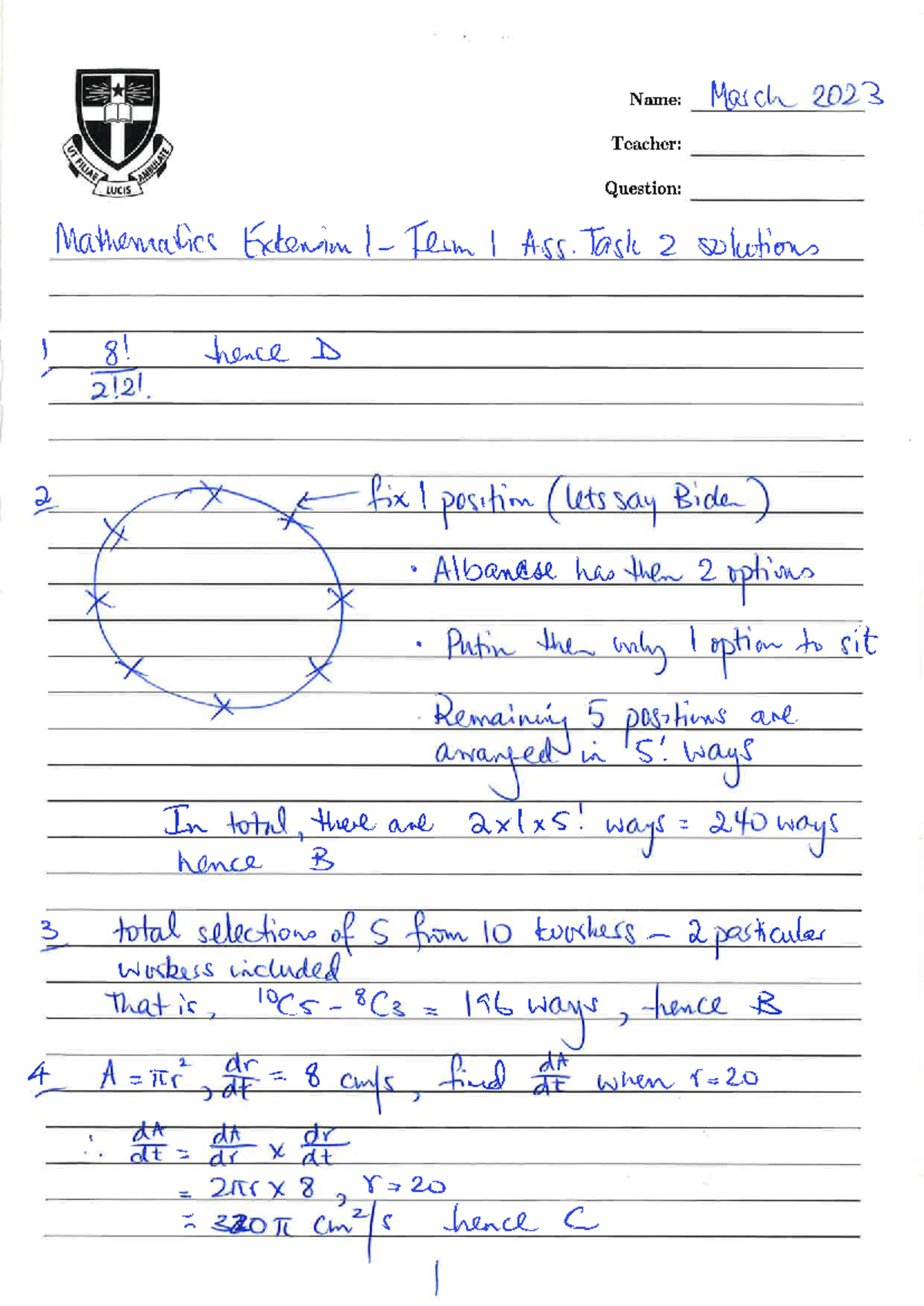Mathematics Extension Task 1 Solutions - March 2023 - Studocu