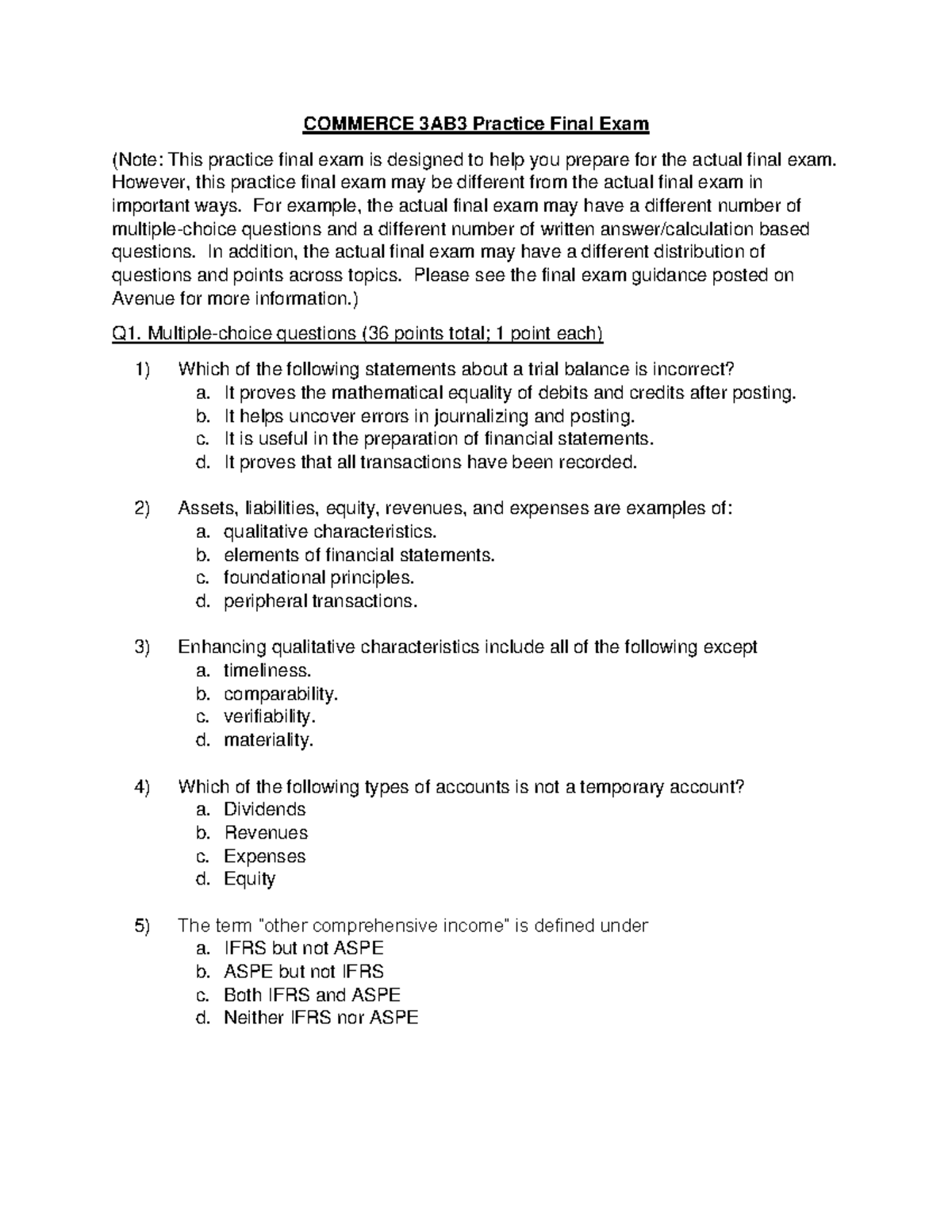 COMMERCE 3AB3 Practice Final Exam Solutions and Review Notes - Studocu