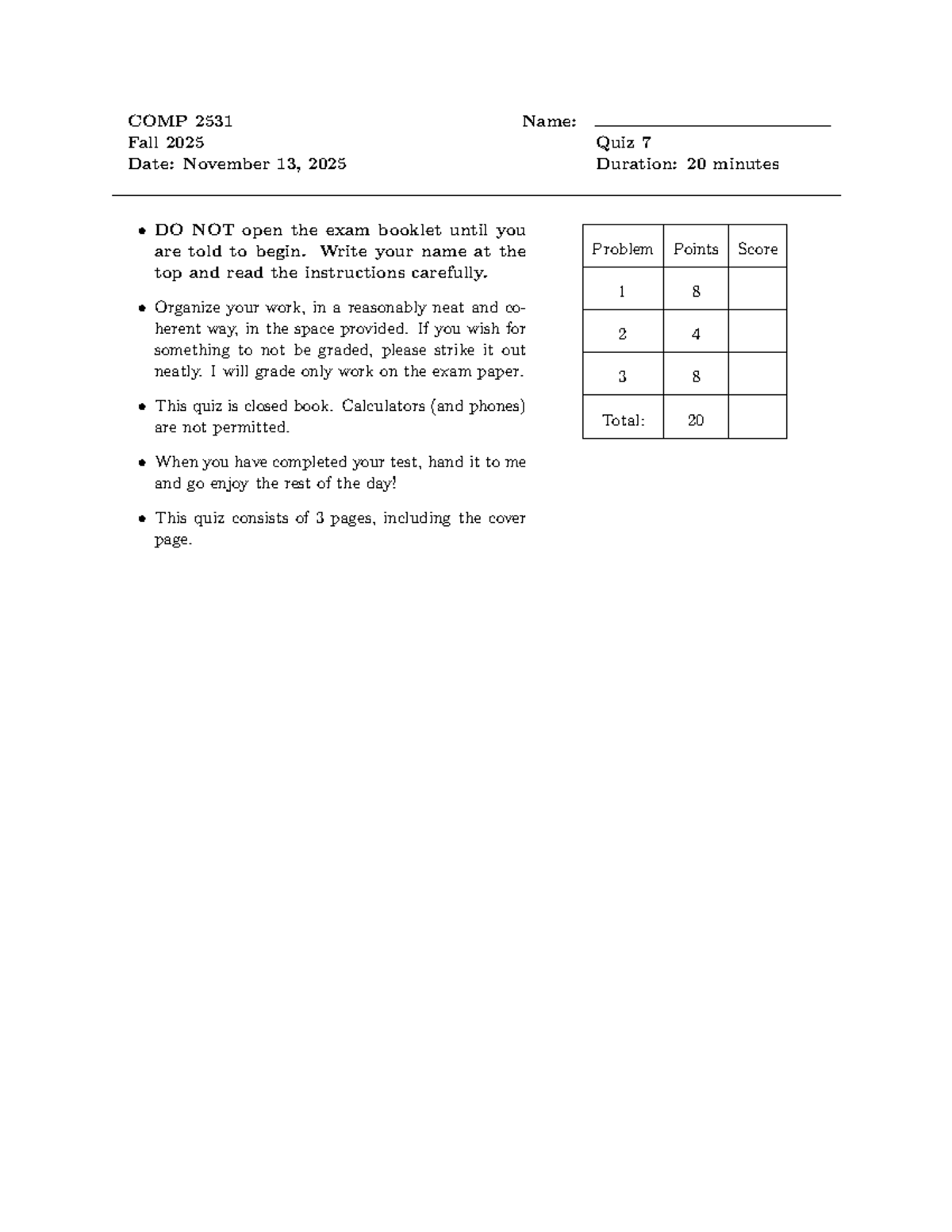 COMP 2531 Fall 2025 Quiz 7 Solutions and Instructions - Studocu