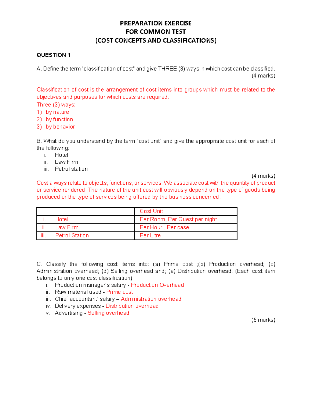 SELF TEST EXERCISE - PREPARATION FOR COMMON TEST (COST CLASSIFICATION ...