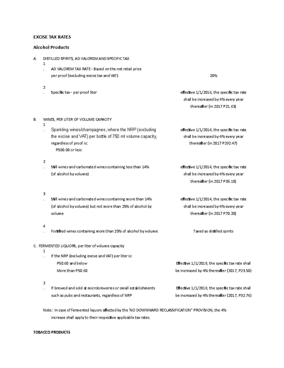 Excise TAX Rates - Business and Transfer Taxation - EXCISE TAX RATES ...