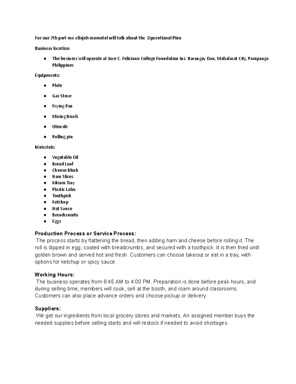 ELI - ENTREP PROPOSAL: Operational Plan for Food Business - Studocu