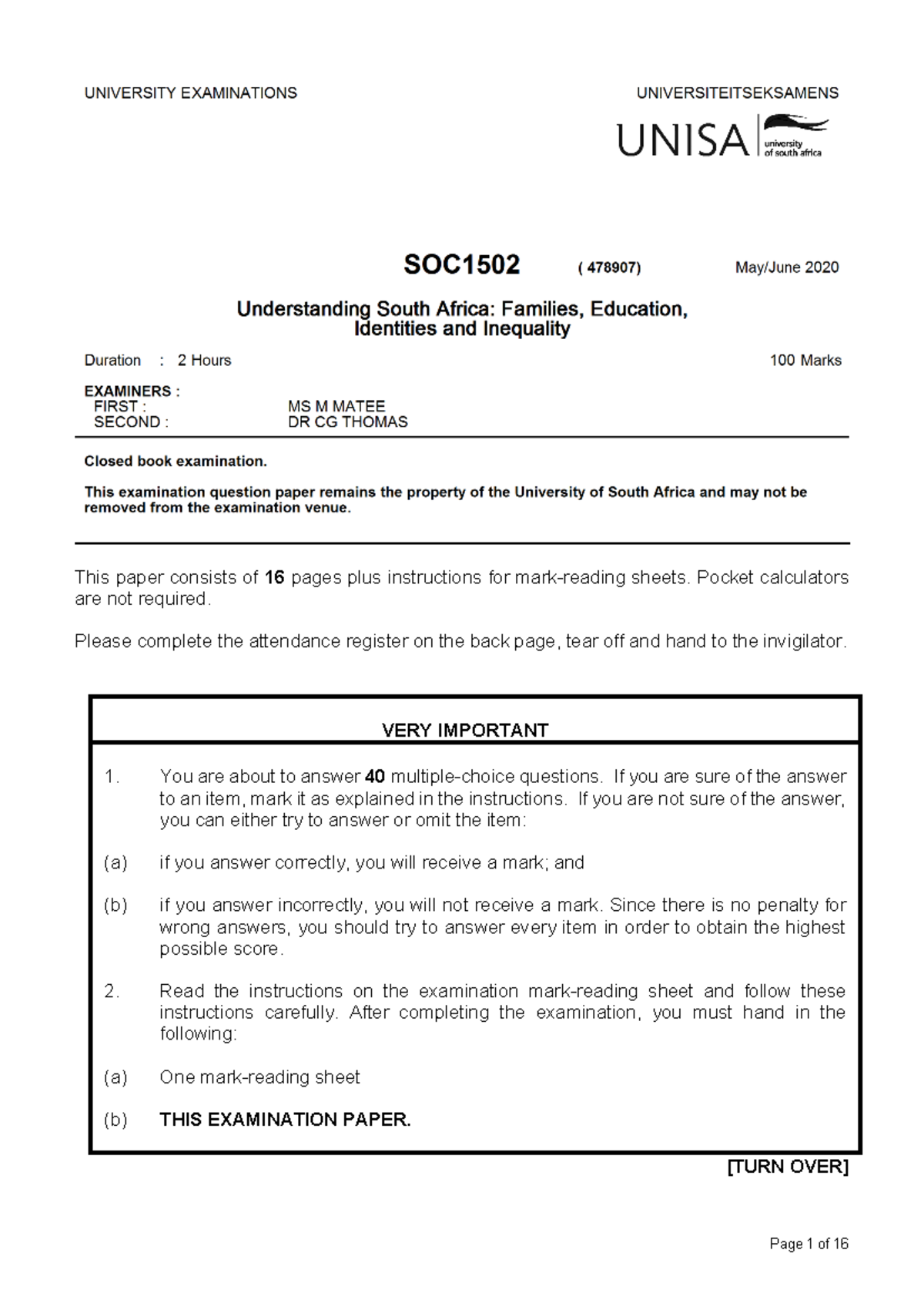 SOC1502 FINAL EXAM - MULTIPLE CHOICE QUESTIONS (MAY/JUN 2020) - Studocu