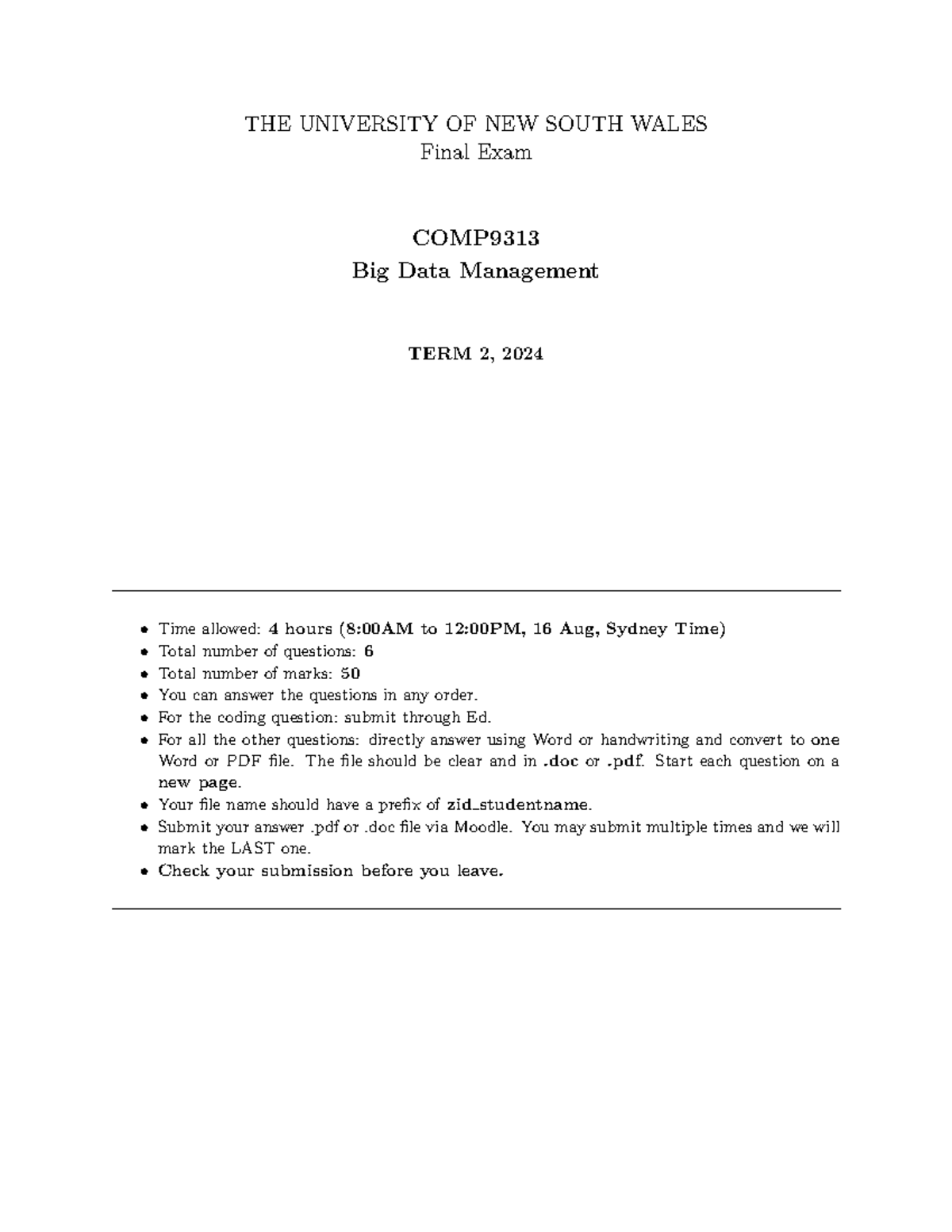 COMP9313 Final Exam - Big Data Management - 24T2 - Document Preview
