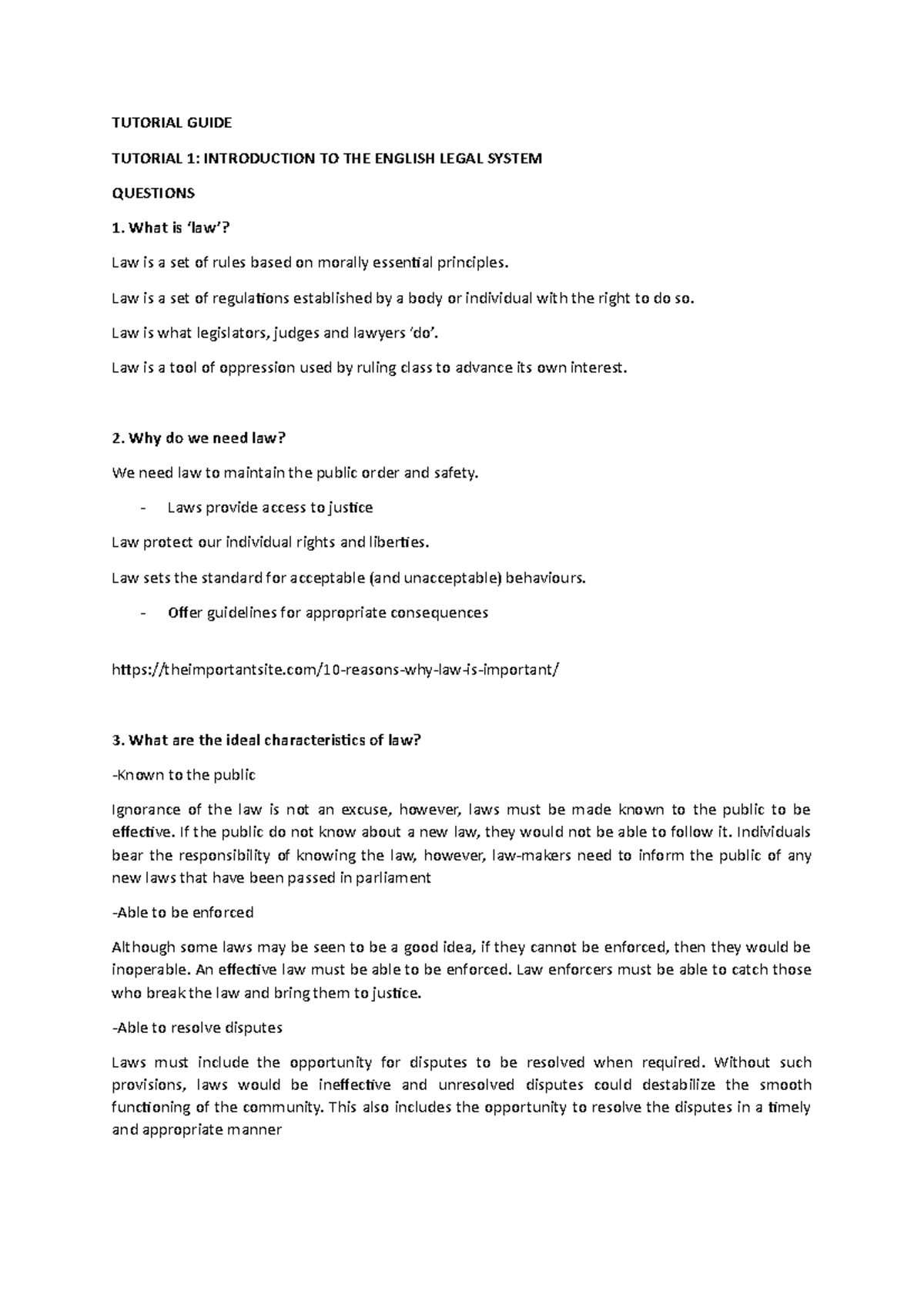 ELS Tutorial 1 - Intro to the English Legal System - Studocu