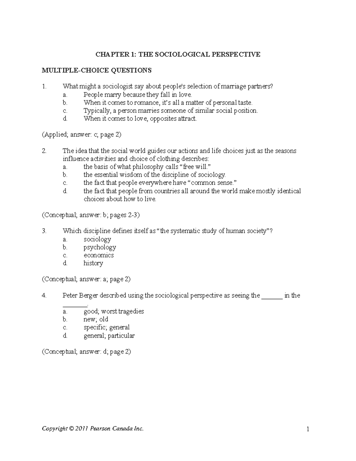 Sociology 101 MC Questions - Chapter 1: The Sociological Perspective ...