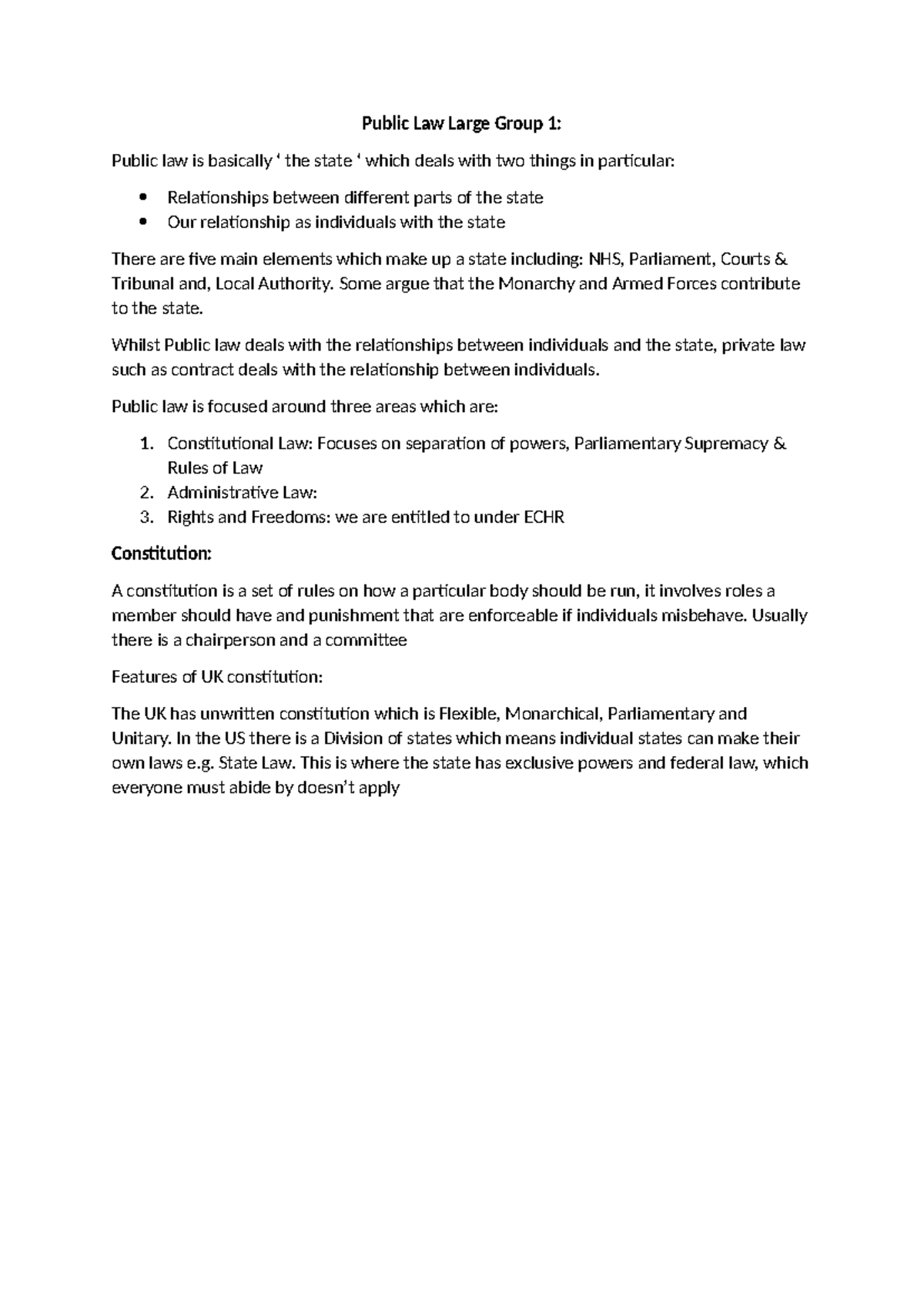 Public Law LG 1 Notes - Public Law Large Group 1: Public law is ...