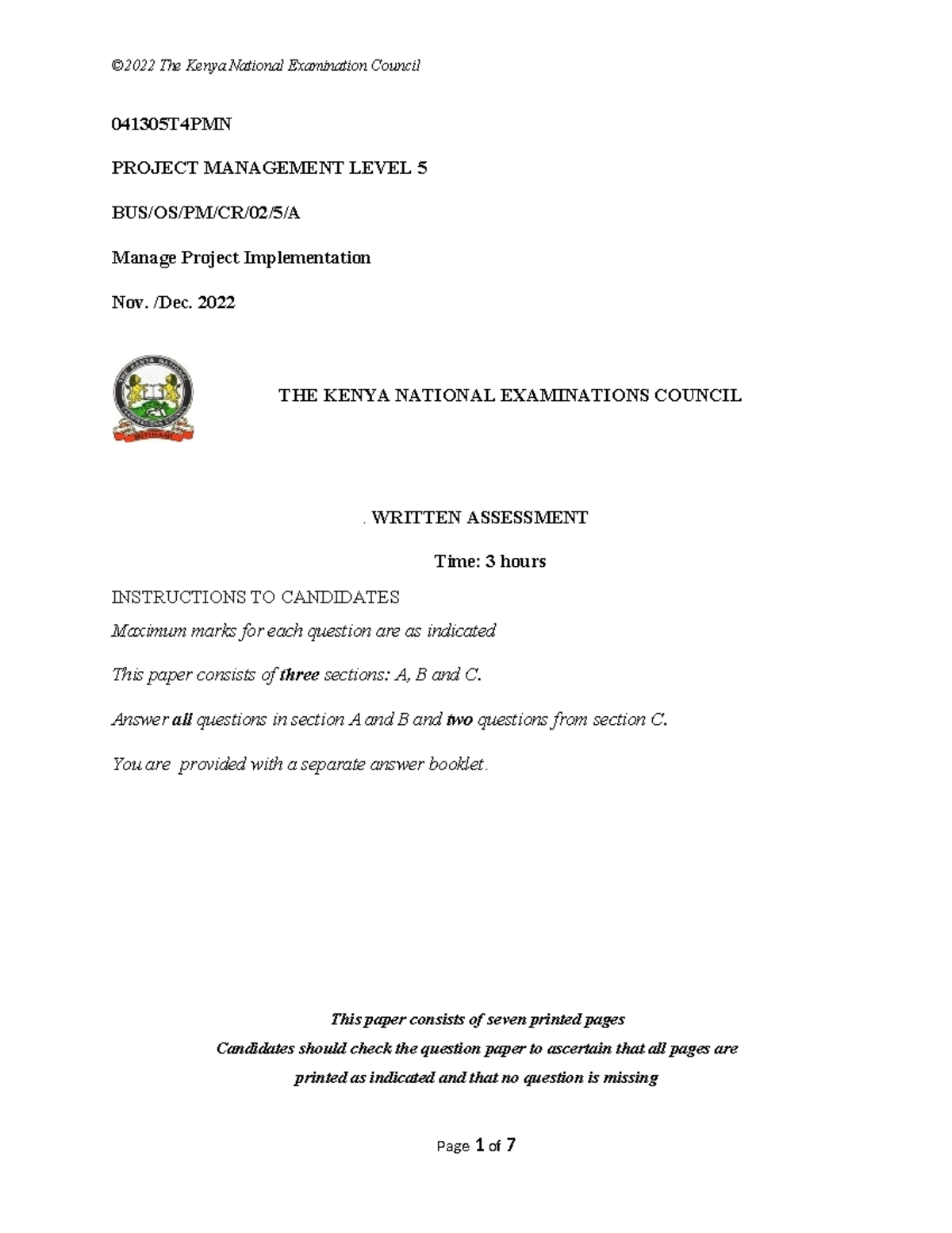 041305T4PMN - Project Management Level 5: Manage Implementation Exam ...