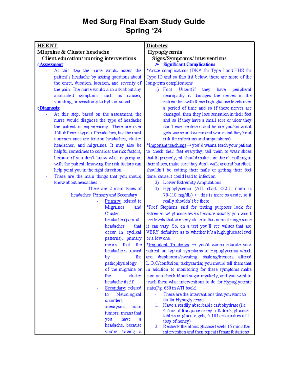 Med Surg II Final Exam Study Guide - Spring ‘ HEENT: Migraine & Cluster ...