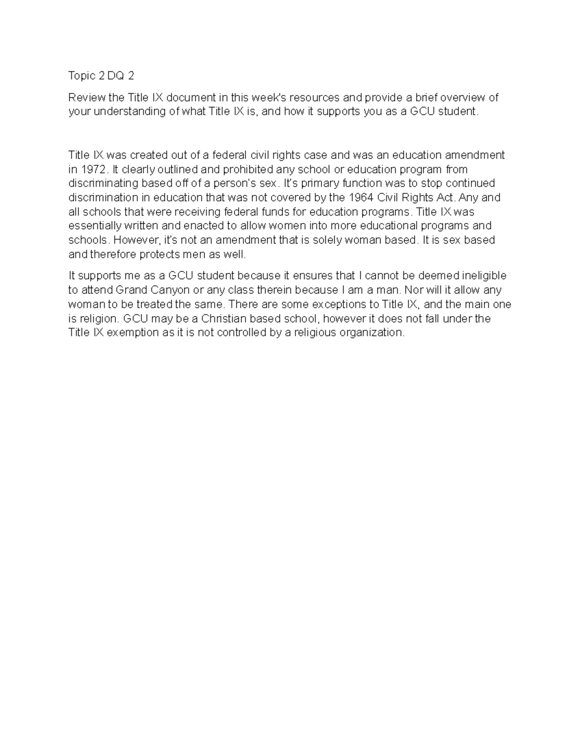 Topic 2 DQ 2 - n/a - Topic 2 DQ 2 Review the Title IX document in this ...