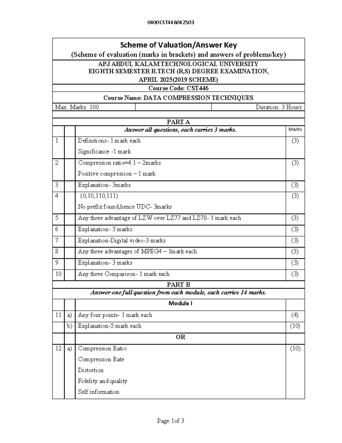 CST446 April 2025 Data Compression Techniques Exam Scheme - Studocu
