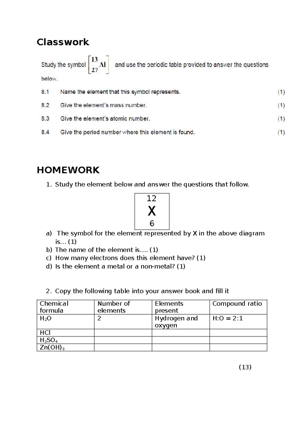 Classwork - Homework 1: Element Study and Chemical Formulas - Studocu