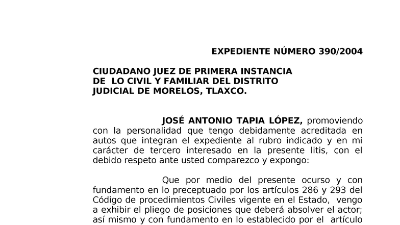 Exhibición de Pliego de Posiciones - Juez Civil y Familiar - Studocu