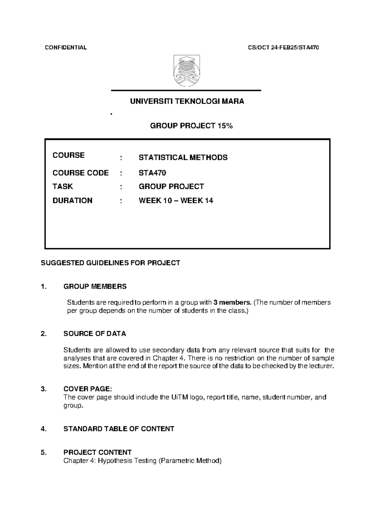 Project Guidelines for STA470: Statistical Methods Group Project - Studocu