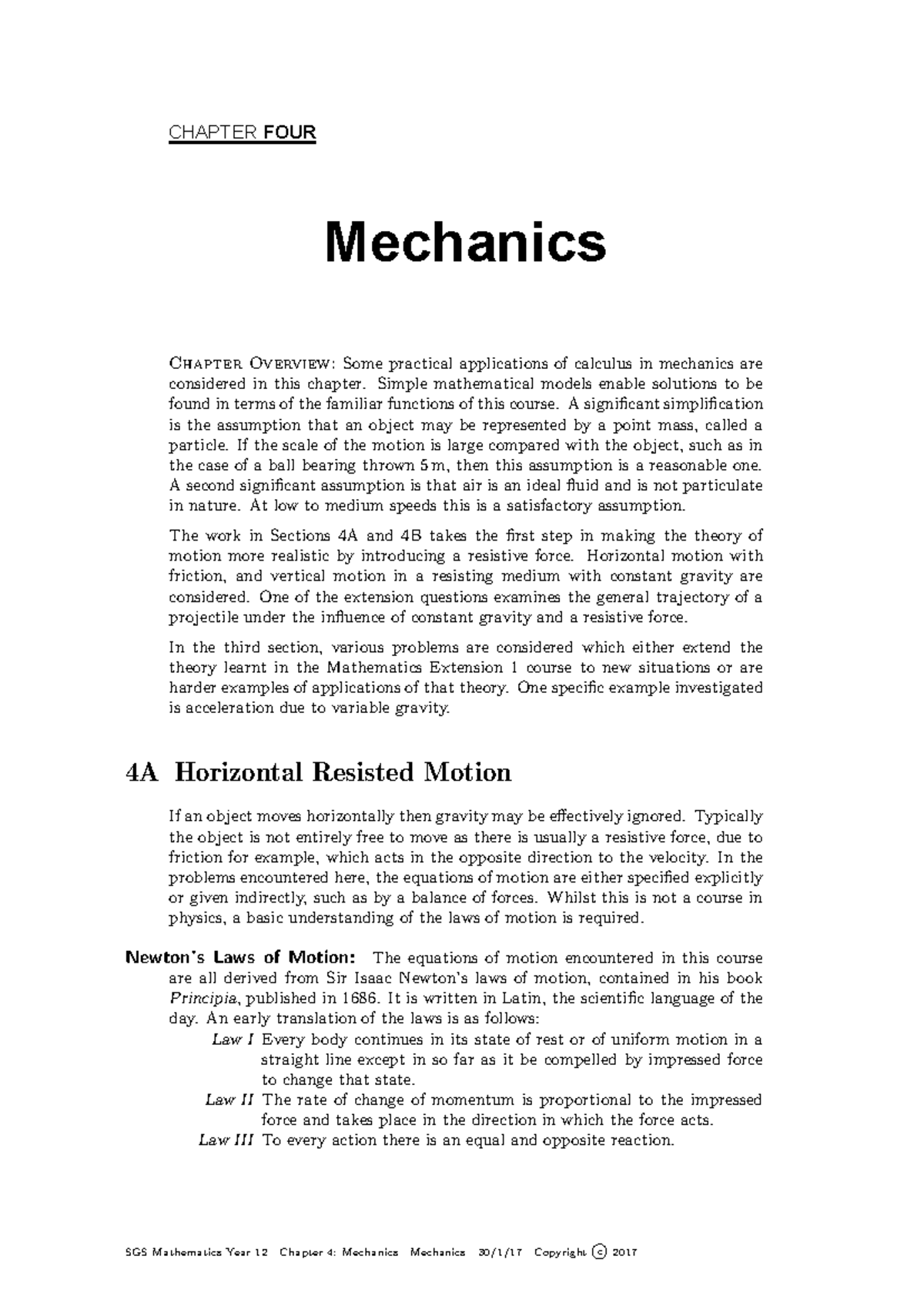 SGS Mathematics Year 12 Chapter 4: Mechanics Overview and Applications ...