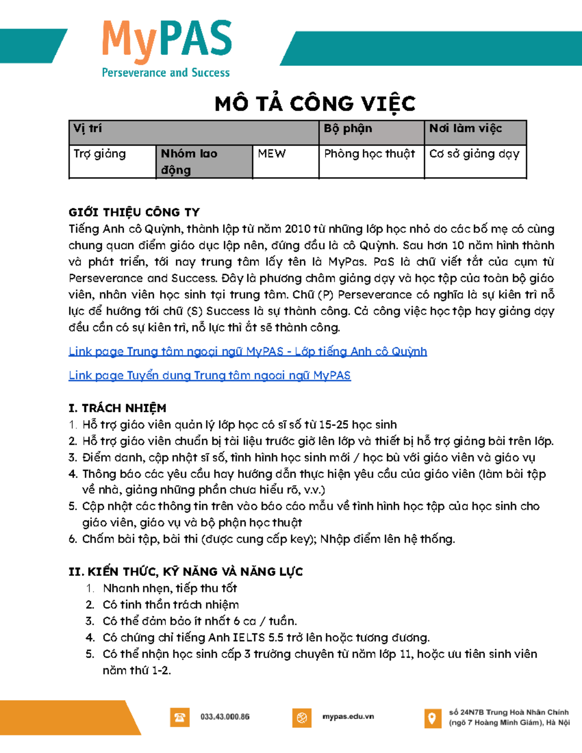 JD TRỢ GIẢNG - MÔ TẢ CÔNG VIỆC TẠI TRUNG TÂM MYPAS - Studocu