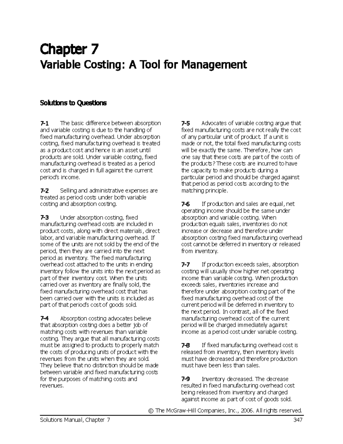 Chapter 7 - Other materials - Chapter 7 Variable Costing: A Tool for ...
