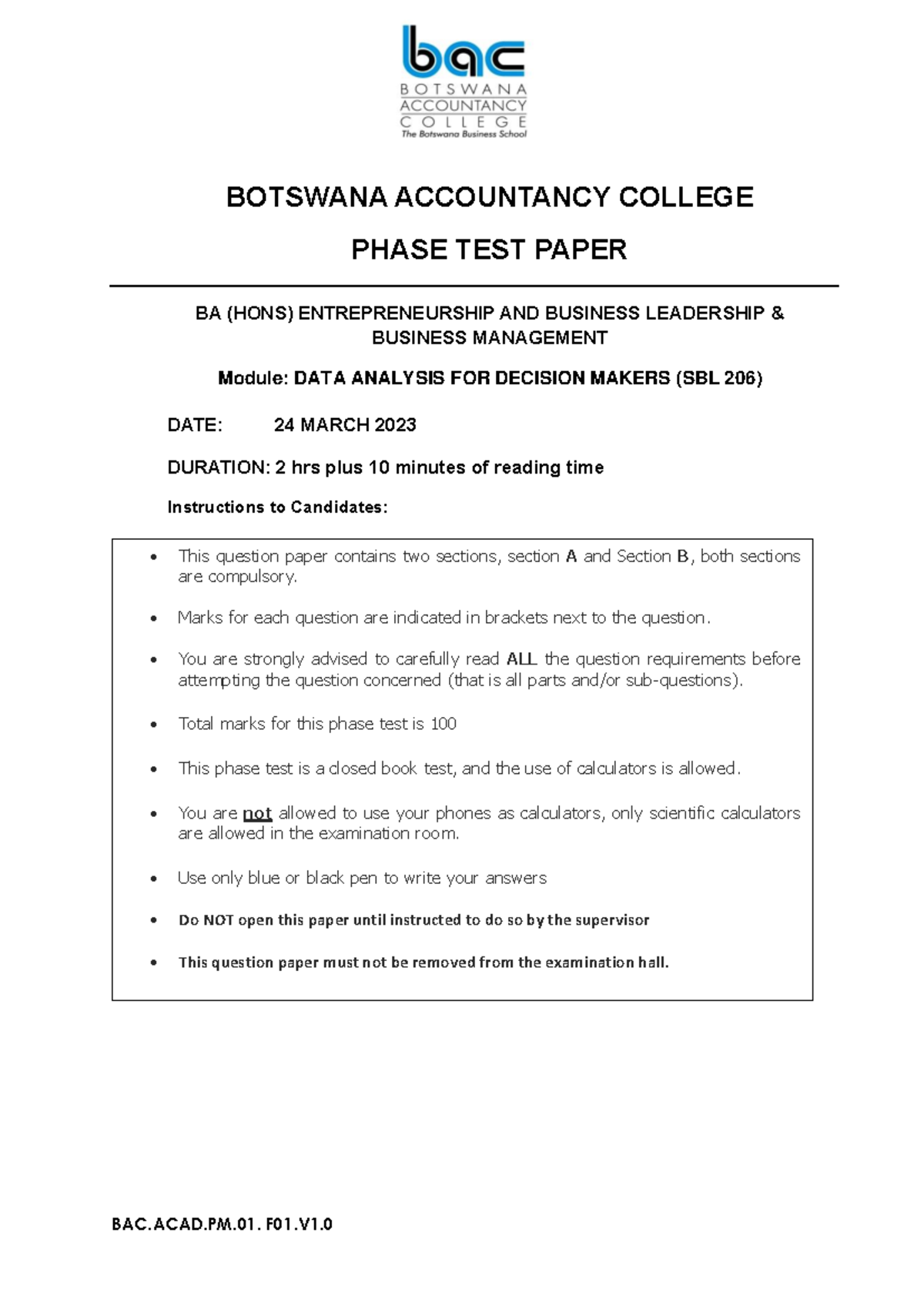 Phase Test: Data Analysis for Decision Makers (SBL 206) - 2023 - Studocu
