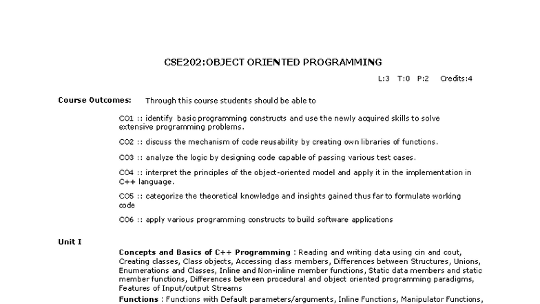 CSE202: Object Oriented Programming Syllabus for SEM-3 - Studocu