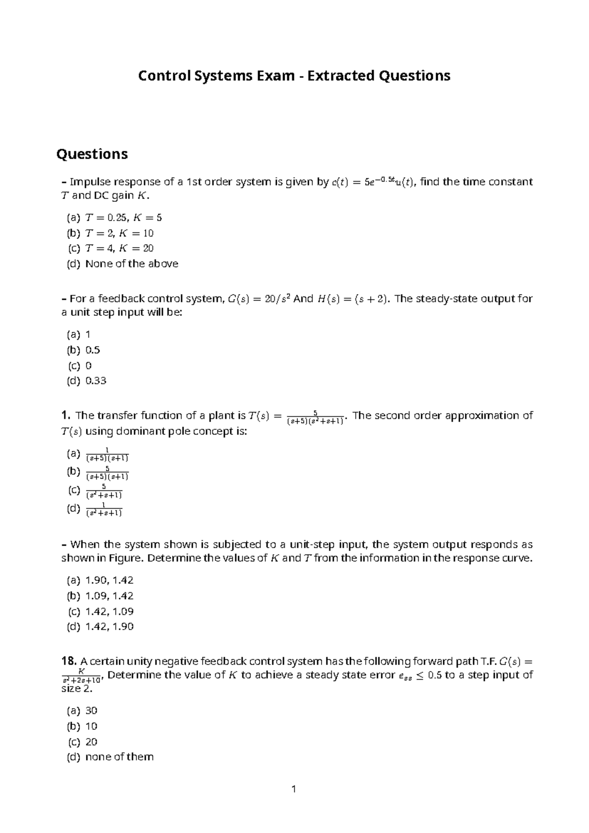 Control Systems Exam Questions & Solutions - SSSS - Studocu