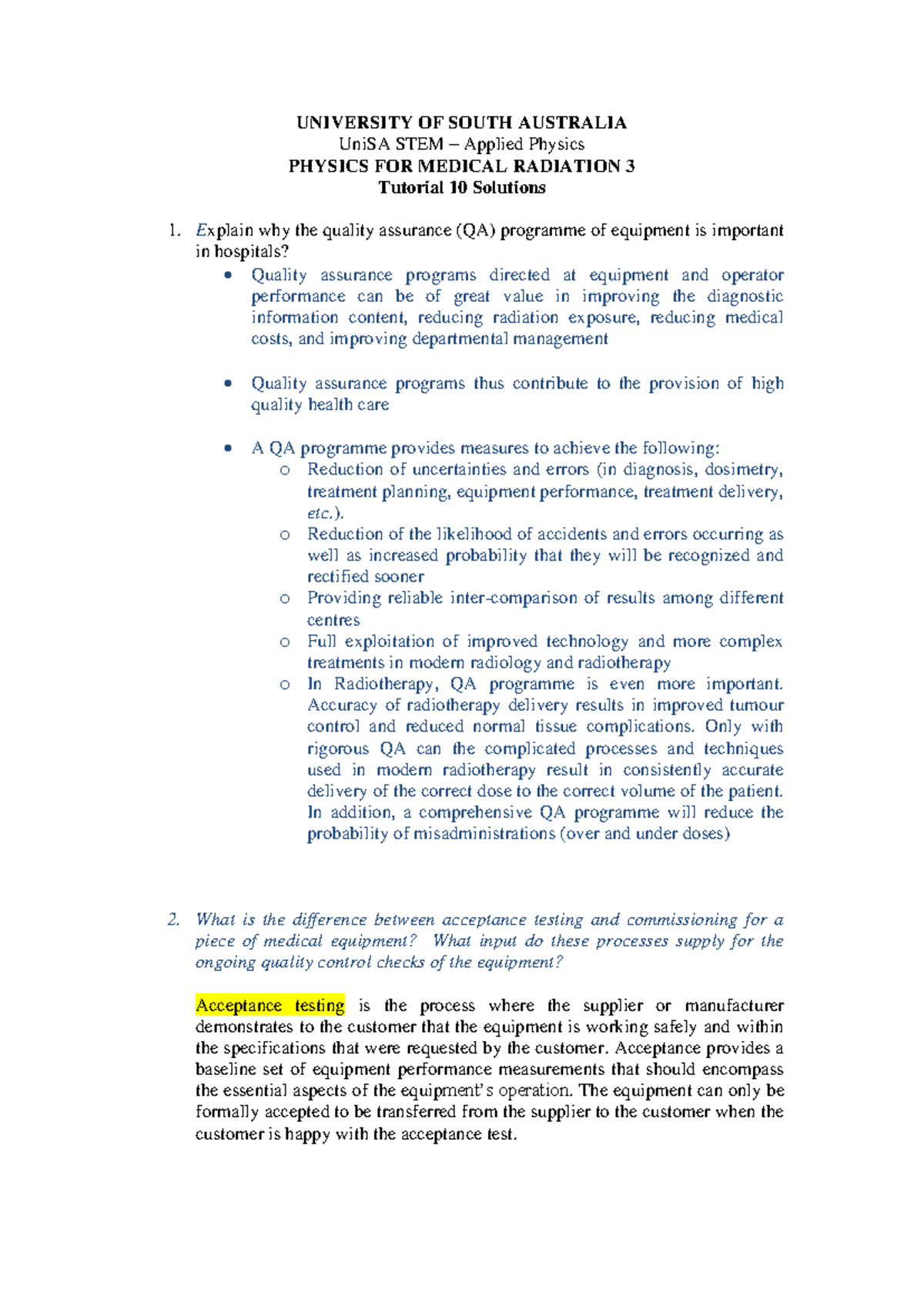 Tutorial 10 Solutions - Test notes - UNIVERSITY OF SOUTH AUSTRALIA ...