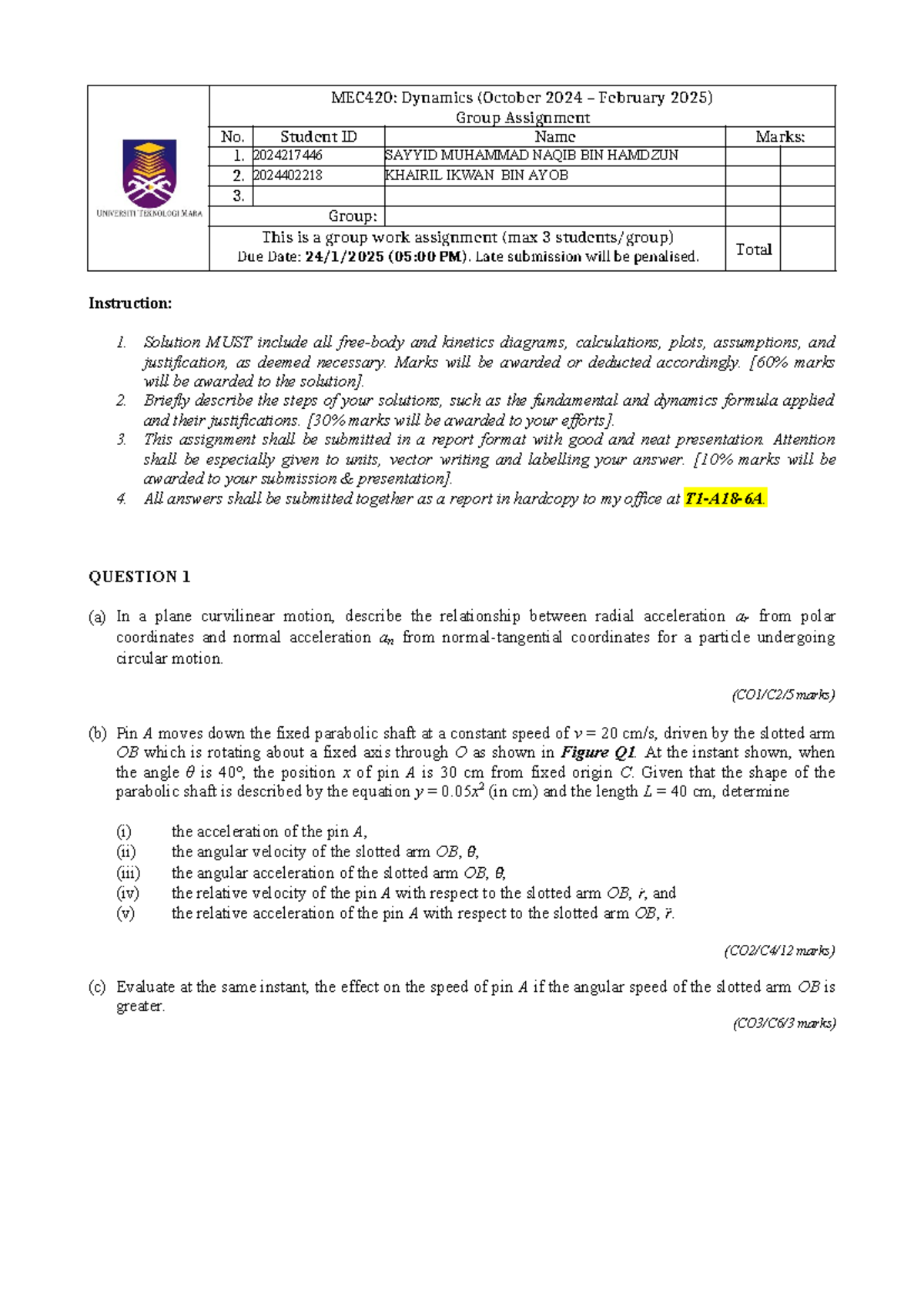 MEC420 Group Assignment OCT2024 FEB2025 - MEC420: Dynamics (October ...