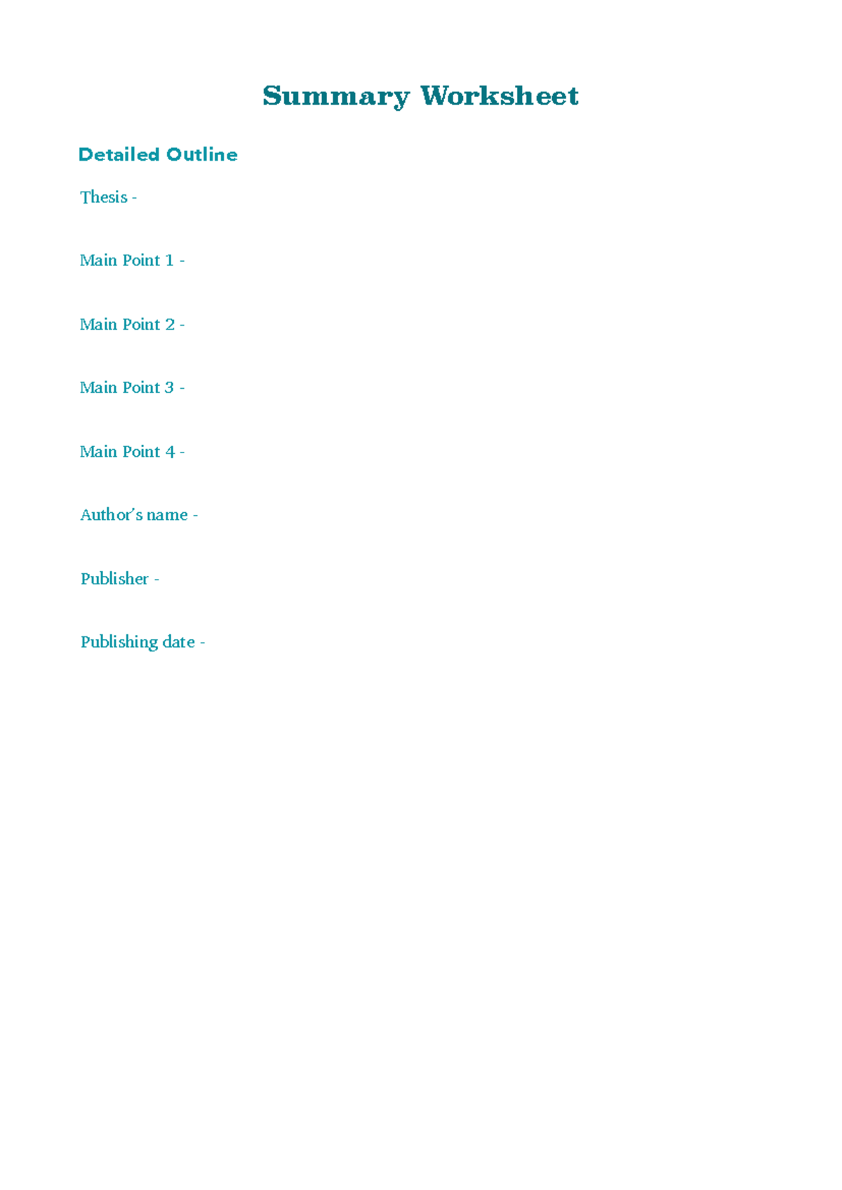 Summary Worksheet: Thesis and Main Points Outline - Studocu