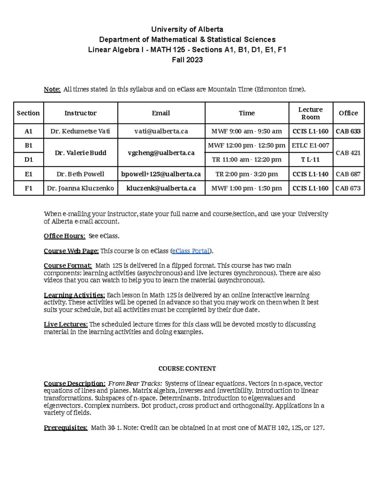 Fall 2023 MATH 125 Linear Algebra I syllabus and course details - Studocu