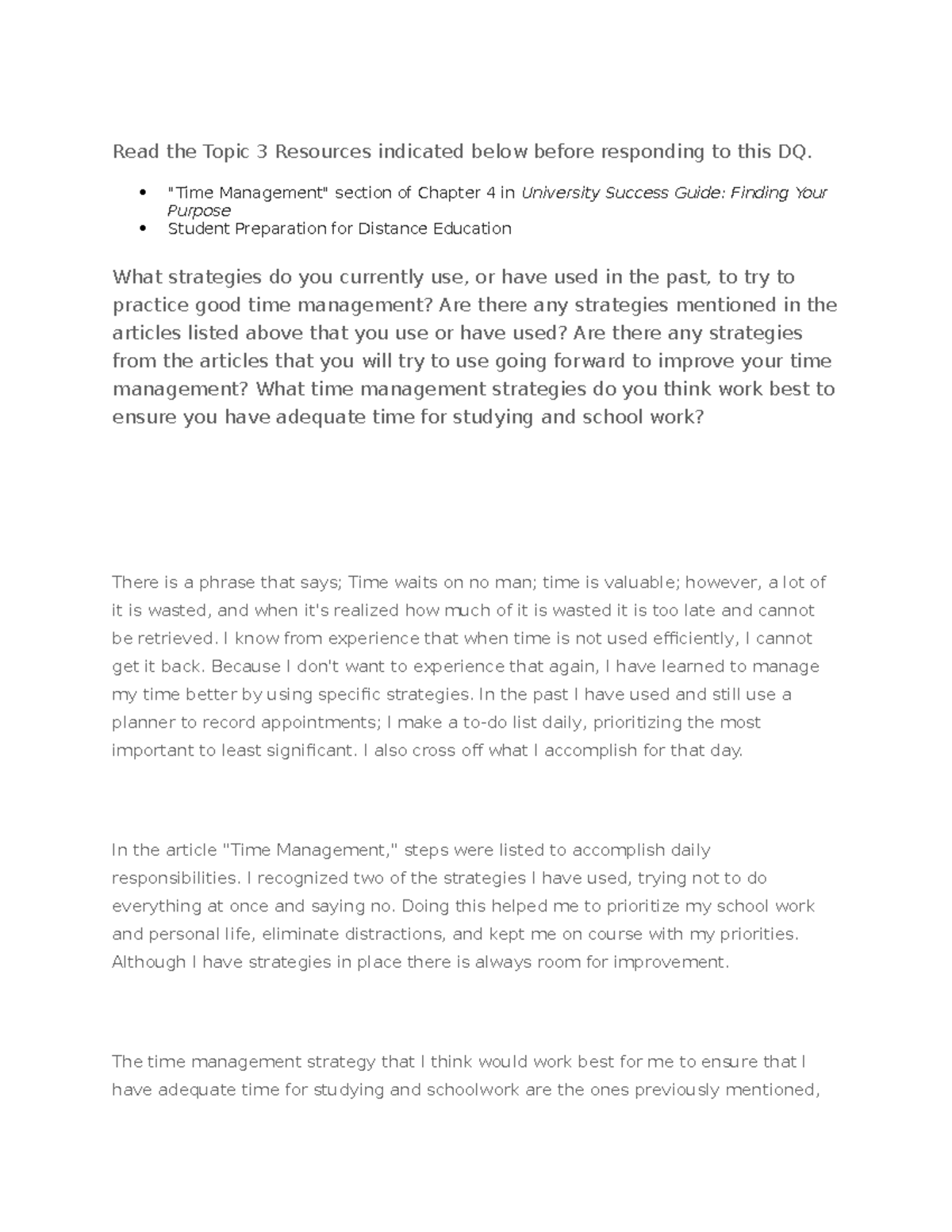 Topic 3 DQ 2: Effective Time Management Strategies for Success - Studocu