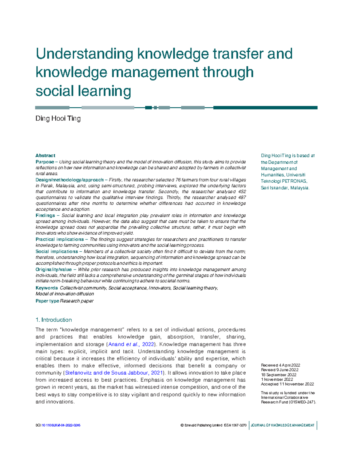 JKM 04 2022 0246 - Exploring Knowledge Transfer in Collectivist Farming ...