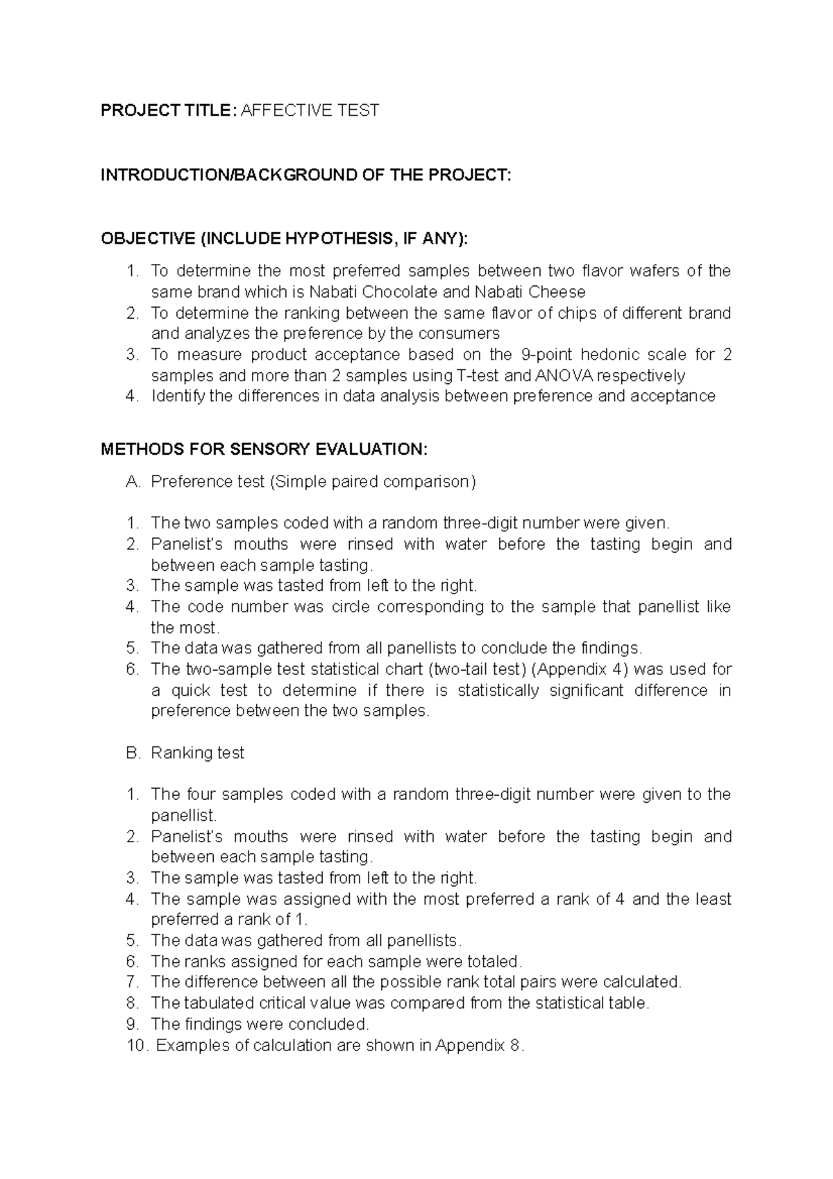 Affective Test Report FST568: Consumer Preference Analysis - Studocu
