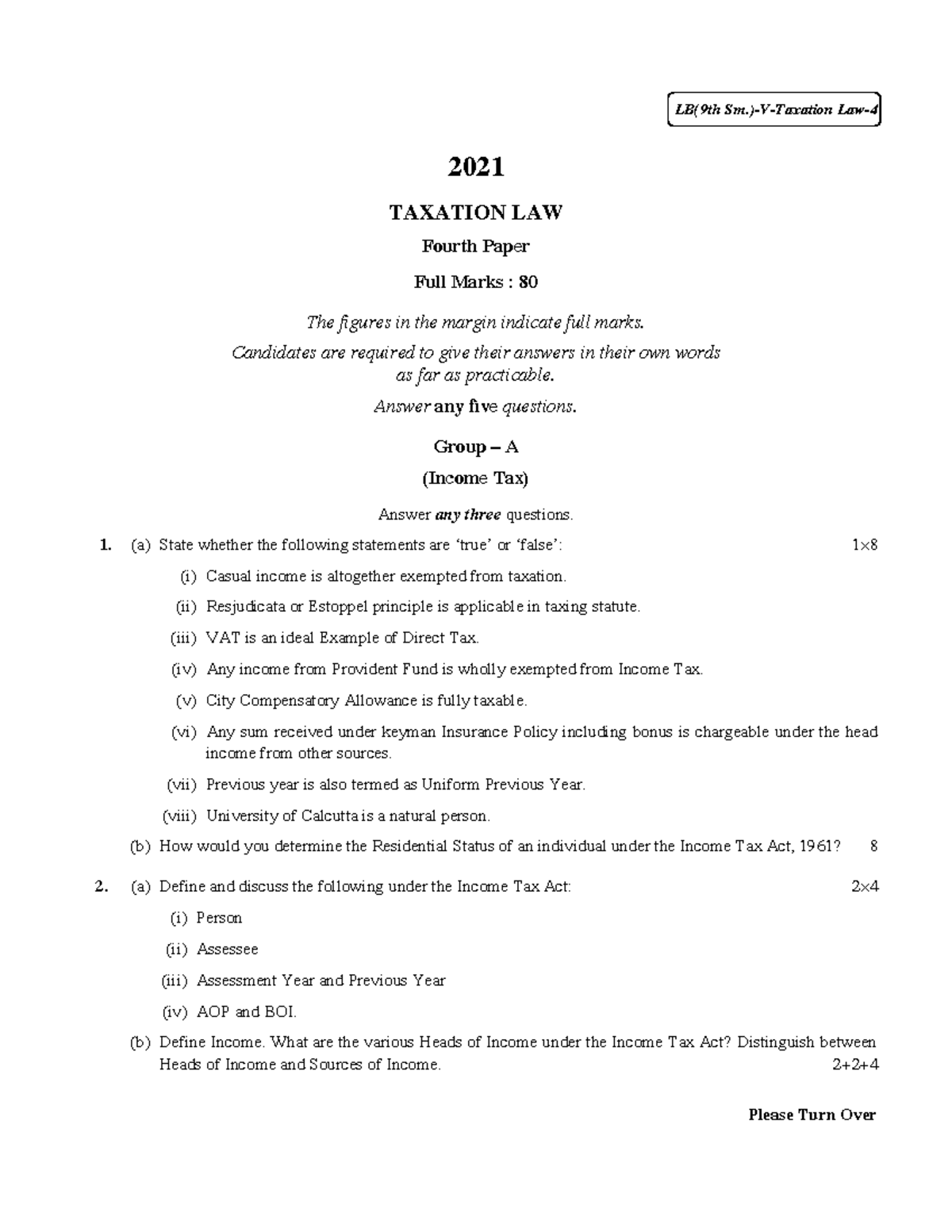 LB(9th Sm.)-V-Taxation Law - Comprehensive Exam Notes - Studocu