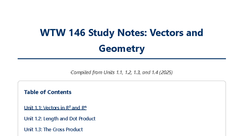 WTW 146 Study Notes: Vectors, Lines, and Planes Overview - Studocu
