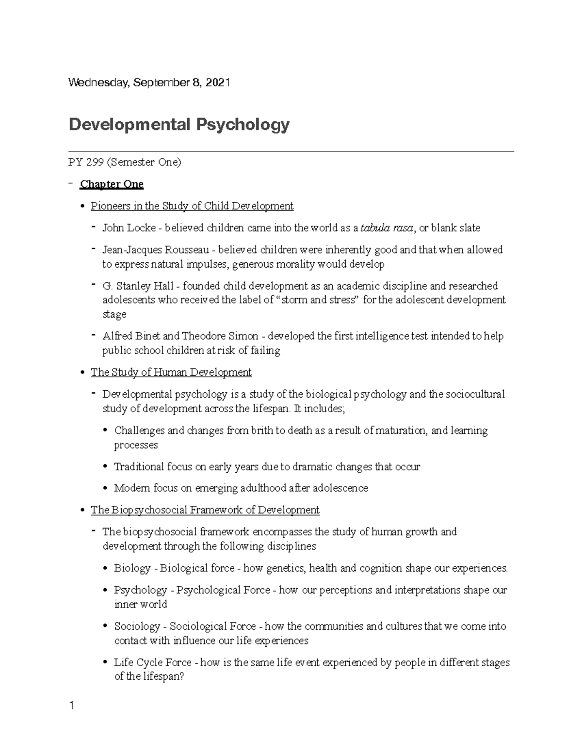 PY 299 Developmental Psychology Chapter 1 Summary and Key Concepts ...