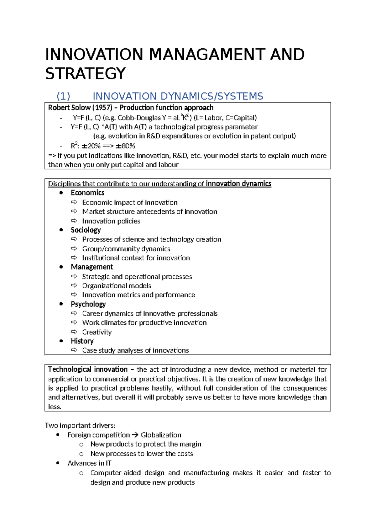 INN100 - Summary of Key Aspects in Innovation Management and Strategy ...