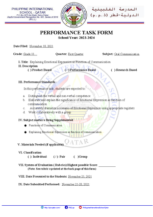 Performance Task Format 2024-2025 - PERFORMANCE TASK FORM School Year ...