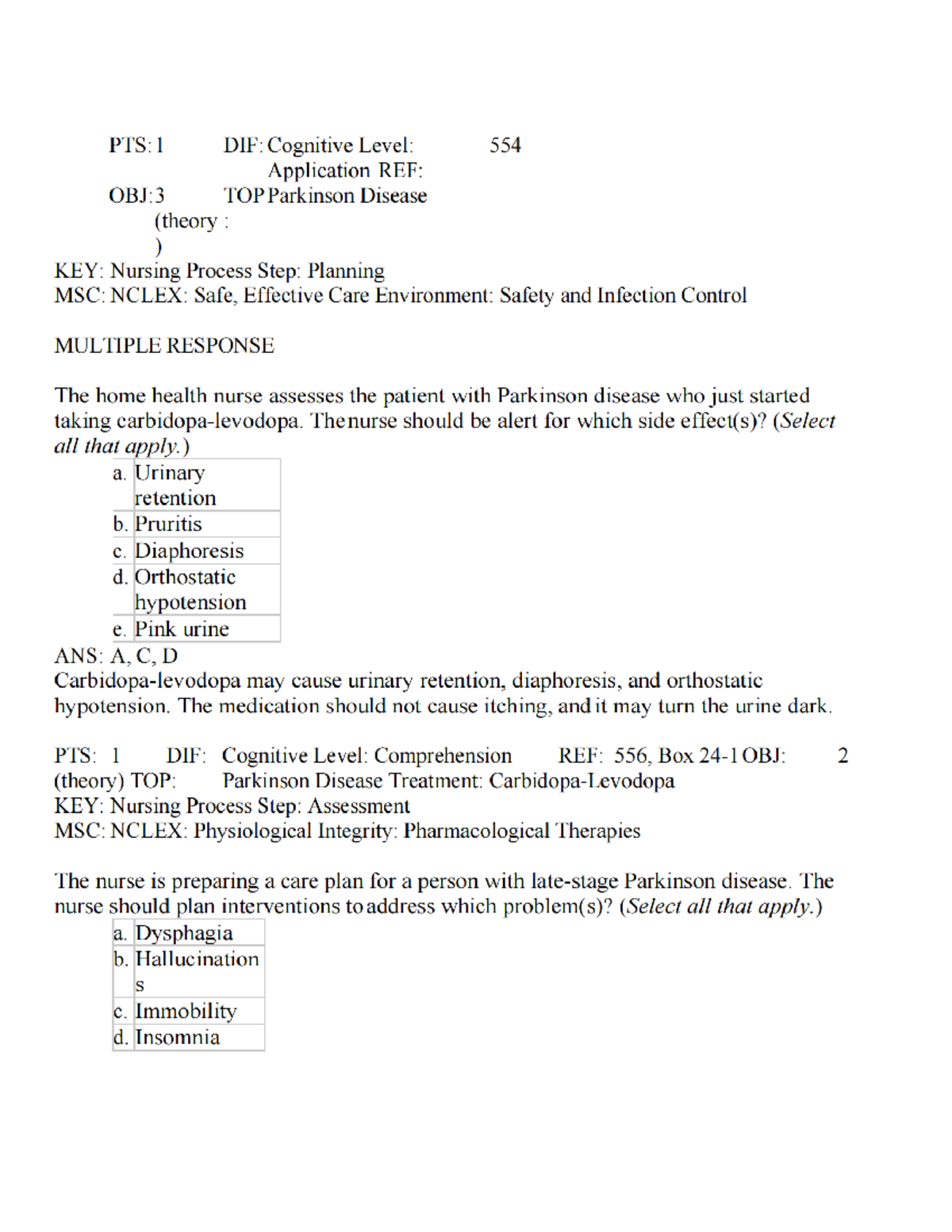 PTS: 1 & 2 - Parkinson Disease Assessment & Treatment (Test Bank) - Studocu