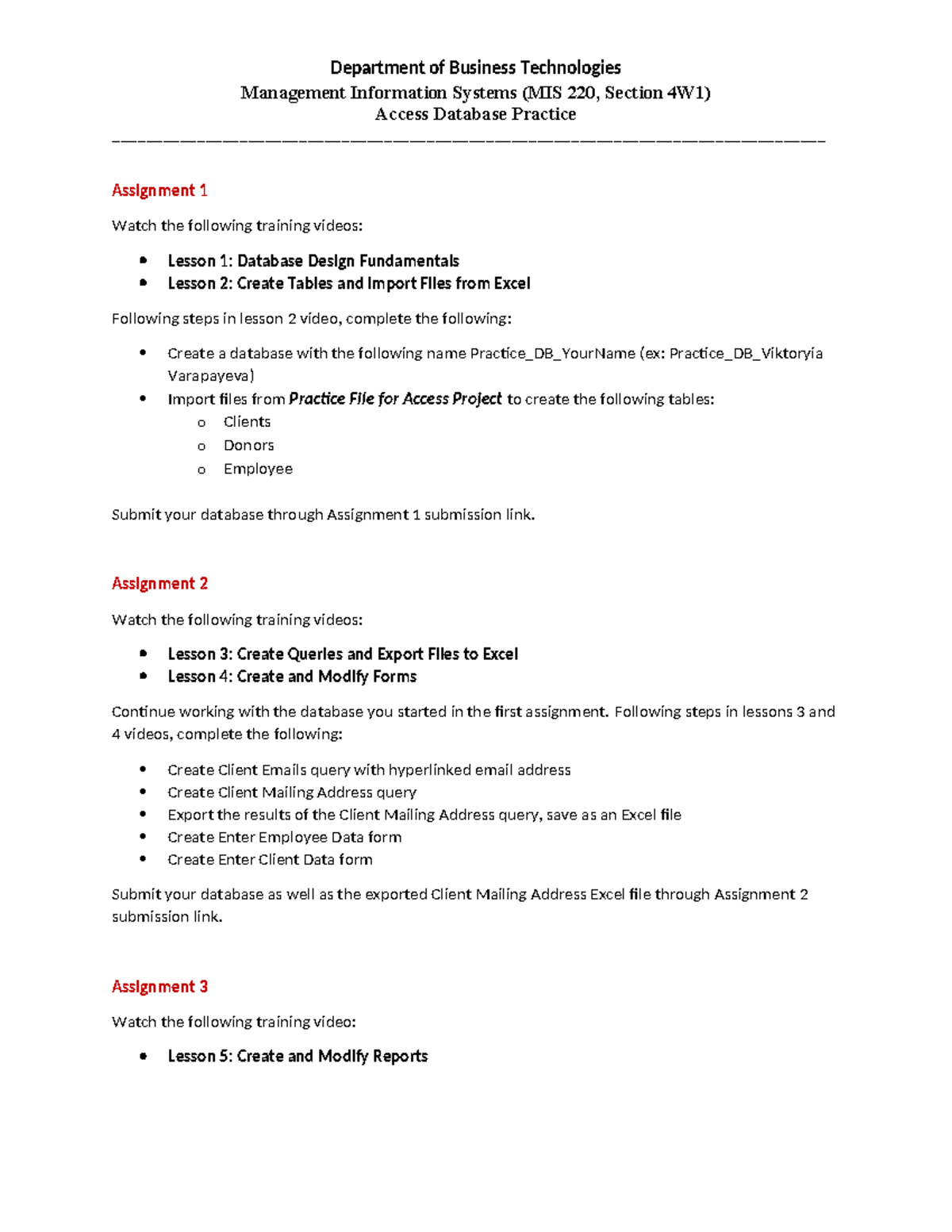 MIS 220 Access Database Assignment Instructions and Guidelines - Studocu
