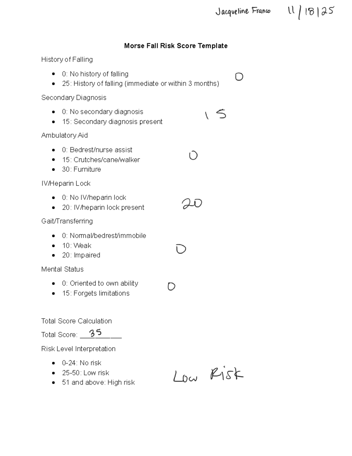 Braden scale clinical 4 - Morse Fall Risk Score Template History of ...