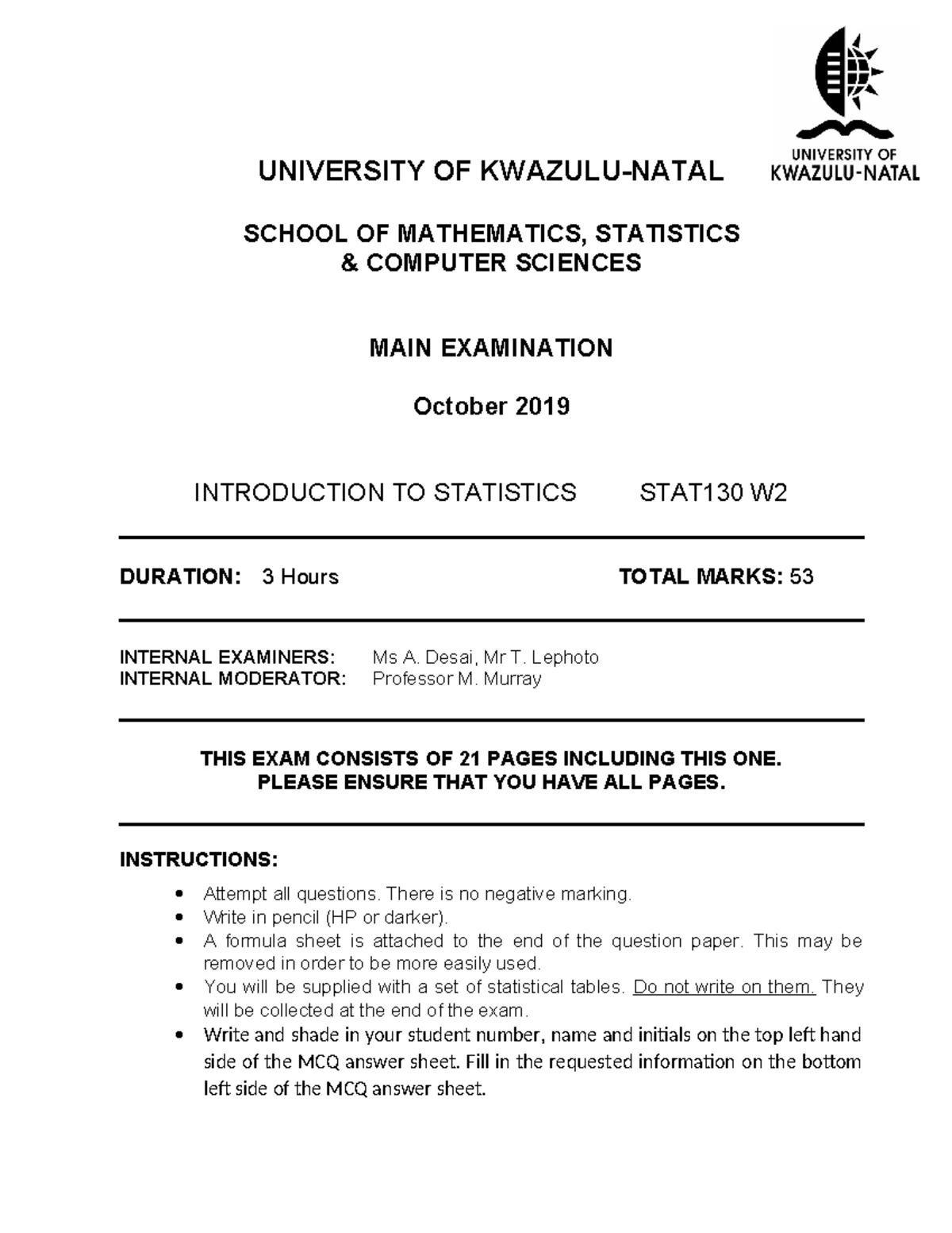 STAT130 - 2019 Sem 2 Final Exam - Statistics Practice Questions - Studocu